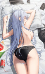  1girl absurdres ahoge ass bare_arms bed_sheet black_bra black_panties bra breast_press breasts can cellphone chips_(food) closed_eyes commentary_request computer dos_(ehgns007kr) drink_can food grey_hair highres lace lace-trimmed_panties lace_trim laptop large_breasts long_hair lying on_stomach original panties phone pillow potato_chips sidelocks sleeping smartphone soda_can solo thighs topless underwear underwear_only unworn_bra very_long_hair wireless_mouse  rating:Sensitive score:38 user:danbooru