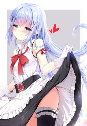  1girl :q apron bare_shoulders black_skirt black_thighhighs blouse blue_eyes blue_hair blush bow bridal_garter closed_mouth clothes_lift collared_shirt commentary cross-laced_clothes frilled_apron frills gloves gochuumon_wa_usagi_desu_ka? grey_background hair_between_eyes hair_ornament half-closed_eyes heart highres kafuu_chino kouda_suzu lifted_by_self long_hair looking_at_viewer red_bow red_ribbon ribbon shirt single_thighhigh skirt skirt_lift sleeveless sleeveless_shirt smile solo thighhighs tongue tongue_out two-tone_background very_long_hair waist_apron white_apron white_background white_gloves white_shirt x_hair_ornament  rating:Sensitive score:16 user:danbooru