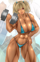 1girl abs alop-net bikini blonde_hair blue_bikini breasts brown_eyes character_request dark-skinned_female dark_skin dumbbell female_focus hand_on_own_hip highres hip_focus large_breasts leaning_forward macto micro_bikini miniskirt muscular muscular_female one_eye_closed open_mouth plaid plaid_skirt pleated_skirt short_twintails sideboob skirt smile solo source_request swimsuit thighs twintails weights wink rating:Questionable score:38 user:nothing