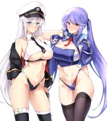  2girls adapted_costume arm_behind_back arm_up azur_lane bare_shoulders black_ribbon black_thighhighs blue_cloak blue_gloves blue_hair blue_panties blush braid breasts brown_eyes cleavage cleavage_cutout cloak clothes_writing clothing_cutout collared_dress commentary_request contrapposto dress enterprise_(azur_lane) essex_(azur_lane) fingerless_gloves floating_hair french_braid gloves groin hair_ribbon halcon hat heart highleg highleg_panties highres large_breasts long_hair looking_at_viewer military_hat multicolored_clothes multicolored_panties multiple_girls navel necktie nose_blush off_shoulder panties parted_lips purple_eyes red_neckwear ribbon simple_background standing thighhighs twintails underboob underwear very_long_hair white_background white_hair  rating:Sensitive score:104 user:danbooru