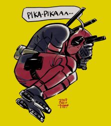 1boy artist_name belt black_footwear black_gloves bodysuit boots creatures_(company) cup dam_(okdam3) dated deadpool deadpool_(series) detective_pikachu detective_pikachu_(character) detective_pikachu_(movie) dual_wielding english_text from_above game_freak gen_1_pokemon gloves gun handgun highres holding holding_cup holding_gun holding_weapon long_sleeves lying male_focus marvel nintendo on_side pikachu pokemon pokemon_(creature) red_bodysuit ryan_reynolds signature simple_background solo speech_bubble sword utility_belt voice_actor_connection weapon yellow_background