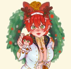  absurdres borrowed_character chibi christmas commission commissioner_upload elf freckles green_eyes highres loreley_dovah merry_christmas non-web_source original pointy_ears red_hair tomboy 