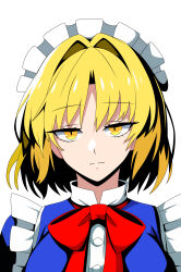 1girl :| absurdres blonde_hair blue_dress breasts closed_mouth commentary_request dress expressionless frilled_dress frills head_tilt highres looking_at_viewer maid maid_headdress medium_breasts mugetsu_(touhou) neck_ribbon puffy_short_sleeves puffy_sleeves red_ribbon ribbon short_hair short_sleeves simple_background solo ssaf52913778 touhou touhou_(pc-98) white_background yellow_eyes 