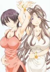  2girls aa_megami-sama apron arm_up armpits belldandy blue_eyes bracelet breasts brown_hair cleavage earrings facial_mark forehead_mark fujimi_chihiro highres jewelry large_breasts multiple_girls pantyhose smile 