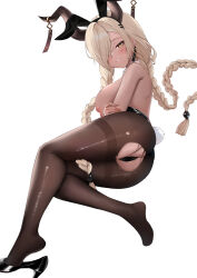  1girl absurdres alternate_costume animal_ears azur_lane bare_back bare_shoulders black_footwear black_leotard braid breasts breasts_out brown_horns brown_pantyhose commentary dark-skinned_female dark_skin detached_collar earrings english_commentary fake_animal_ears fake_tail feet full_body hair_over_one_eye high_heels highleg highleg_leotard highres horn_ornament horns inverted_nipples jewelry large_breasts legs leotard long_hair looking_at_viewer low_twin_braids lying neruki_(ntme) nipples no_shoes on_side owari_(azur_lane) pantyhose playboy_bunny rabbit_ears rabbit_tail shoe_dangle shoes simple_background single_shoe smile solo strapless strapless_leotard tail thighband_pantyhose thong_leotard torn_clothes torn_pantyhose twin_braids very_long_hair white_background yellow_eyes 