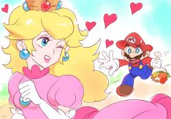  1boy 1girl blonde_hair blue_eyes breasts brooch brown_hair crown earrings facial_hair flower gloves grin hat heart jewelry long_hair looking_at_another mario mario_(series) mustache nintendo one_eye_closed open_mouth overalls princess_peach running smile spoken_heart wink 