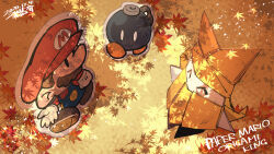  1boy 1girl 2020 autumn blue_overalls bob-omb bobby_(paper_mario) brown_footwear brown_hair closed_eyes commentary_request copyright_name dated dated_commentary dress facial_hair falling_leaves floating from_above gloves hat leaf looking_at_another mario mario_(series) mustache nikki_kyousuke nintendo olivia_(paper_mario) origami outdoors overalls paper paper_mario paper_mario:_the_origami_king red_hat red_shirt shadow shirt solid_oval_eyes walking white_gloves winding_key yellow_dress yellow_hat 