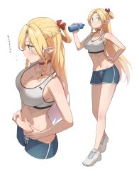  1girl belly_grab blonde_hair blue_shorts bottle braid breasts cleavage collarbone dungeon_meshi elf french_braid green_eyes grey_sports_bra hand_on_own_hip highres holding holding_bottle looking_at_viewer marcille_donato medium_breasts midriff multiple_views navel pointy_ears profnote shoes shorts simple_background sneakers sports_bra standing twin_braids weight_conscious white_background white_footwear  rating:Sensitive score:51 user:danbooru