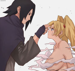  1boy 1girl aosora2823 artist_name black_gloves black_hair blonde_hair blue_eyes blush breasts clothed_male_nude_female commentary_request completely_nude eye_contact fingerless_gloves from_side gloves highres large_breasts long_hair long_sleeves looking_at_another naruko_(naruto) naruto_(series) naruto_shippuuden nude parted_bangs simple_background smoke teeth twintails uchiha_sasuke whiskers white_background 