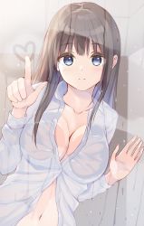 1girl against_glass black_hair blue_eyes blunt_bangs breast_press breasts breasts_on_glass cleavage closed_mouth collarbone condensation dress_shirt glass_writing heart highres index_finger_raised large_breasts looking_at_viewer medium_hair navel original pasdar shirt shower_(place) sidelocks smile solo standing steam water_drop wet wet_clothes wet_shirt white_shirt window_fog rating:Sensitive score:38 user:danbooru