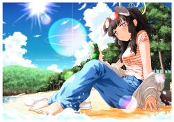  1girl alternate_costume animal_ears barefoot beach blue_archive blue_pants blush breasts bright_pupils can clothes_down cloud day dog_ears dog_girl dog_tail extra_ears halo hariyaa head_tilt hibiki_(blue_archive) highres holding holding_can jacket knees_up lens_flare long_hair looking_at_viewer mountainous_horizon outdoors pants ponytail purple_eyes red_shirt sand shirt shirt_tucked_in shoes short_sleeves sidelocks sitting small_breasts sneakers solo striped_clothes striped_shirt sun sunglasses tail toes tree unworn_shoes water white_jacket white_pupils 
