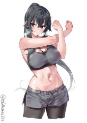  1girl alternate_costume artist_name bare_shoulders black_hair blush breasts brown_eyes cropped_legs drawstring ebifurya grey_shorts grey_sports_bra grin groin hair_between_eyes hair_flaps heavy_breathing high_ponytail highres kantai_collection large_breasts long_hair looking_at_viewer navel one-hour_drawing_challenge pantyhose short_shorts shorts sidelocks simple_background smile solo sports_bra stomach stretching sweat twitter_username very_long_hair wet wet_clothes white_background yahagi_(kancolle) 