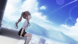  1girl 22/7 22/7_ongaku_no_jikan black_skirt blue_sky blurry brown_eyes brown_hair brown_scrunchie cloud depth_of_field digital_media_player dutch_angle earbuds earphones from_side game_cg hair_ornament hair_scrunchie high_side_ponytail highres lens_flare long_hair looking_up miniskirt mountain non-web_source official_art on_rooftop outdoors pencil_skirt scrunchie shirt sitting skirt sky solo sparkle toda_jun white_shirt 