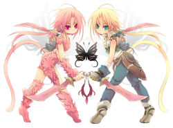 00s 2boys alternate_form blonde_hair blue_eyes bug butterfly dagger dissidia_final_fantasy dual_persona dual_wielding final_fantasy final_fantasy_ix fur gloves holding insect inumimi-syndrome knife long_hair male_focus multiple_boys pink_eyes pink_hair ponytail tail tiptoes trance_zidane_tribal weapon zidane_tribal  rating:Sensitive score:19 user:danbooru