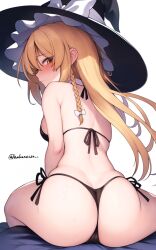  1girl ass ass_focus back bare_arms bare_shoulders bikini black_bikini blonde_hair blush bow braid breasts cleft_of_venus closed_mouth commentary_request embarrassed from_behind hakunetsu_denkyu~ halterneck hat hat_bow highres kirisame_marisa leaning_forward long_hair looking_at_viewer medium_breasts side-tie_bikini_bottom side_braid single_braid sitting skindentation solo string_bikini sweatdrop swimsuit touhou twitter_username white_bow witch_hat yellow_eyes  rating:Questionable score:44 user:danbooru