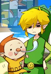  2boys annoyed belt black_eyes blonde_hair cloud cloudy_sky green_tunic hand_on_own_hip highres jigsaw_puzzle katsuobushi_(eba_games) link looking_at_another multiple_boys nintendo outdoors pointy_ears puzzle red_hair red_nose sky snot_trail the_legend_of_zelda the_legend_of_zelda:_the_wind_waker toon_link zill_(zelda) 