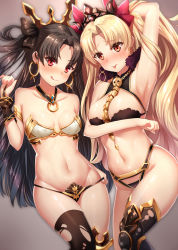 2girls :p :q adapted_costume arm_up armlet armor armpits bad_id bad_pixiv_id bare_arms bare_shoulders between_breasts bikini bikini_armor bikini_pull black_armor black_bikini black_hair black_legwear black_ribbon blonde_hair blush breast_hold breasts brown_background closed_mouth clothes_pull collarbone commentary crown detached_collar dual_persona earrings ereshkigal_(fate) eyes_visible_through_hair fate/grand_order fate_(series) fingernails fur_collar greaves groin hair_ribbon halterneck hand_up highleg highleg_bikini highres hoop_earrings ishtar_(fate) jewelry large_breasts long_hair looking_at_viewer lowleg lowleg_bikini meion mismatched_bikini multiple_girls naughty_face navel nose_blush orange_eyes parted_bangs red_eyes red_ribbon ribbon shiny_skin single_greave single_thighhigh skull small_breasts smile spine standing stomach strapless strapless_bikini swimsuit thighhighs tiara tohsaka_rin tongue tongue_out torn_clothes torn_legwear two_side_up v-shaped_eyebrows very_long_hair white_bikini wrist_cuffs rating:Sensitive score:141 user:danbooru