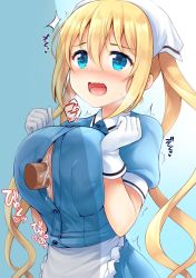 1girl ^^^ apron blend_s blonde_hair blue_eyes breasts gloves head_scarf hinata_kaho large_breasts long_hair open_mouth paizuri paizuri_under_clothes penis short_sleeves solo stile_uniform twintails uni8 upper_body waitress wavy_mouth white_gloves rating:Explicit score:34 user:danbooru