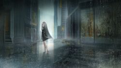  1girl absurdres black_capelet black_dress blue_eyes capelet cityscape dqn_(dqnww) dress full_body hair_ornament hairpin highres indie_virtual_youtuber long_hair long_sleeves noir_(noworld) noworld piano_keys puddle rain virtual_youtuber water_drop wet wet_clothes wet_hair white_hair 