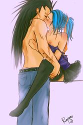 blue_hair blush breasts cleavage couple fairy_tail gajeel_redfox highres levy_mcgarden scar skirt thighhighs rating:Questionable score:16 user:RavenNoodle