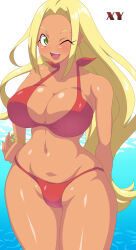  1girl alternate_breast_size bikini blonde_hair breasts creatures_(company) curvy dark_skin game_freak green_eyes highres jewelry kihaiu large_breasts long_hair looking_at_viewer midriff navel nintendo one_eye_closed open_mouth pokemon pokemon_xy red_bikini shiny_skin smile solo swimmer_(pokemon) swimsuit thick_thighs thighs thong thong_bikini very_long_hair wink  rating:Questionable score:12 user:qpx