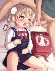 1boy 1girl age_difference backpack bag bar_censor bed_sheet blonde_hair blush brown_hair censored cum cum_on_clothes cum_on_panties facial flat_chest green_eyes hair_ornament head_out_of_frame heart hetero highres indie_virtual_youtuber light_brown_hair loli looking_at_another lying male_masturbation masturbation motion_lines name_tag no_panties non_non_moral on_back on_bed open_mouth panties penis pov randoseru school_uniform shigure_ui_(vtuber) shigure_ui_(vtuber)_(young) solo_focus speech_bubble tagme text_focus thighs third-party_edit tongue tongue_out twintails underwear unworn_panties veins veiny_penis virtual_youtuber  rating:Explicit score:233 user:gampo