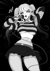  1girl absurdres arm_behind_head artist_name brassica breasts choker crop_top cropped_shirt eyelashes fishnet_pantyhose fishnets gluteal_fold greyscale heart heart_choker highres holding holding_microphone long_hair long_sleeves microphone midriff miniskirt monochrome musical_note navel open_mouth original panties pantyhose pantyshot pleated_skirt shirt skirt solo striped_clothes striped_shirt twintails two-tone_shirt underboob underwear 