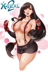 1990s_(style) 1girl areola_slip black_hair breasts cleavage clenched_hands covered_erect_nipples cropped_legs detached_sleeves elbow_pads female_focus final_fantasy final_fantasy_vii fingerless_gloves gloves highres large_breasts lips long_hair low-tied_long_hair miniskirt naked_suspenders navel no_shirt open_mouth pencil_skirt red_eyes retro_artstyle skirt solo square_enix suspender_skirt suspenders tifa_lockhart upper_body x-t3al rating:Questionable score:176 user:danbooru