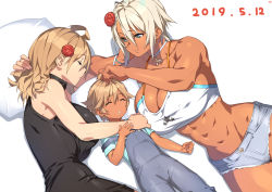  2019 23_(real_xxiii) 3girls abs ahoge blonde_hair blouse blue_eyes blue_shirt breasts child choker cleavage closed_eyes commentary_request dark-skinned_female dark_skin dated denim denim_shorts female_focus flower hair_flower hair_ornament highres huge_breasts ips_cells jewelry lying micro_shorts mother&#039;s_day mother_and_daughter multiple_girls muscular muscular_female navel original overalls pillow rafaela_(23) ring saliva sela_(23) shirt short_hair shorts sleeping smile ursula_(23) wedding_band wife_and_wife wristband yuri  rating:Sensitive score:96 user:danbooru