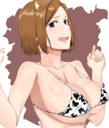  1girl absurdres alternate_costume animal_print armpit_crease bikini breasts brown_background brown_eyes brown_hair chinese_zodiac cleavage collarbone commentary covered_erect_nipples cow_horns cow_print eyelashes fake_horns furrowed_brow highres horns jujutsu_kaisen kazukiinu kugisaki_nobara large_breasts lips looking_at_viewer new_year open_mouth parted_bangs print_bikini sagging_breasts scowl shiny_skin short_hair simple_background solo straight_hair string_bikini swimsuit teeth upper_body year_of_the_ox  rating:Questionable score:146 user:danbooru