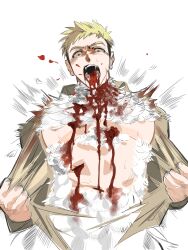  1boy absurdres blonde_hair blood blood_from_mouth blood_on_chest blood_on_face brown_shirt collared_shirt commentary constricted_pupils cosplay cuts dungeon_meshi english_commentary falin_touden falin_touden_(chimera) falin_touden_(chimera)_(cosplay) fangs feathers hands_up highres injury laios_touden looking_at_viewer male_focus megami_2 monsterification open_mouth shirt short_hair simple_background tearing_clothes torn_clothes undercut upper_body very_short_hair white_background 