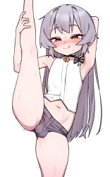  1boy :q arm_behind_head arm_up armpits bell blush bright_pupils crop_top grey_hair grey_shorts half-closed_eyes highres ikr_(artist) jingle_bell kneepits leg_lift long_hair looking_at_viewer micro_shorts naughty_face navel neck_bell nose_blush shirt shorts simple_background sleeveless sleeveless_shirt solo split standing standing_on_one_leg standing_split stomach sweat tongkkangi tongkkangi_(streamer) tongue tongue_out trap very_long_hair virtual_youtuber white_background white_pupils white_shirt yellow_eyes  rating:Questionable score:83 user:danbooru