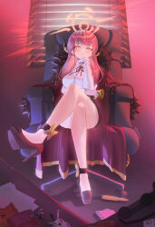  1girl absurdres ahoge artist_name aru_(blue_archive) black_footwear black_jacket black_skirt blouse blue_archive blush breasts brown_jacket bullet card chair closed_mouth coat coat_on_shoulders commentary_request credit_card crossed_legs demon_girl demon_horns dot_nose feet fur_coat gloves halo hancho hand_on_own_chin hand_up high_heels highres holding horns id_card jacket large_breasts legs long_coat long_hair long_sleeves on_chair orange_eyes paper pen phone pink_hair red_ribbon revision ribbon shirt sitting skirt smile solo thighs toe_cleavage wallet white_gloves white_shirt 