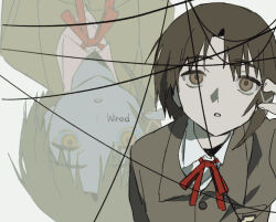  1girl bow bowtie brown_eyes brown_hair brown_jacket collared_shirt commentary empty_eyes english_commentary english_text hair_ornament highres iwakura_lain jacket looking_at_viewer looking_up parted_lips red_bow red_bowtie serial_experiments_lain shirt simple_background sketch solo temu_(tem27) upper_body white_background white_shirt wire x_hair_ornament zoom_layer 