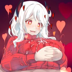  1girl breasts breasts_squeezed_together cum cum_in_clothes drooling ejaculation_between_breasts happy heart heart-shaped_pupils helltaker highres horns huge_breasts implied_paizuri modeus_(helltaker) motion_blur own_hands_clasped paizuri paizuri_under_clothes red_background red_eyes shiki_(psychedelic_g2) smile symbol-shaped_pupils white_hair  rating:Explicit score:73 user:TDogarooski