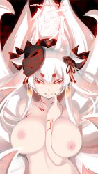 1girl :q animal_ears arm_between_breasts between_breasts black_sclera blush breasts colored_sclera fingernails fox_ears fox_mask fox_tail glowing glowing_eyes hair_ornament highres large_breasts long_hair looking_at_viewer mask multiple_tails nipples original red_eyes shiki_(psychedelic_g2) smile solo tail tattoo tongue tongue_out topless white_background rating:Questionable score:44 user:danbooru