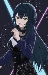  1girl absurdres alternate_costume black_dress blush commentary_request crossed_bangs dark_background dress gakuen_idolmaster green_eyes green_hair hai_(pnvn2743) hair_between_eyes highres holding holding_microphone idolmaster light_particles long_hair looking_at_viewer microphone open_mouth smile solo sweat tsukimura_temari upper_body 