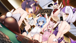  6+girls aged_down ahoge animal_ear_fluff animal_ears armpit_crease armpits arms_up ass back backless_leotard bare_legs barefoot black_leotard blue_bow blue_eyes blue_hair blunt_bangs blush bow bowtie braid braided_ponytail breasts brown_pantyhose brown_thighhighs cameltoe casino cleft_of_venus closed_eyes commentary_request covered_navel cowboy_shot demon_girl demon_horns dutch_angle eyelashes fake_animal_ears fang fat_mons feathered_wings female_focus fennec_fox fins fish_tail flat_chest foreshortening from_behind from_side full_body gawr_gura gradient_hair grey_hair hair_bow hair_ornament hair_over_shoulder hairband hakui_koyori highleg highleg_leotard highres holding hololive hololive_english horns hoshimachi_suisei indoors la+_darknesss leotard loli long_hair looking_at_viewer looking_back looking_to_the_side low_wings medium_hair multicolored_hair multiple_girls ninomae_ina&#039;nis omaru_polka open_mouth oversized_breast_cup pantyhose pink_hair pink_leotard playboy_bunny pointy_ears poker_chip purple_hair purple_horns purple_leotard rabbit_tail red_leotard senbon_tsuki shark_tail sharp_teeth shiny_clothes shiny_skin sidelocks sitting skindentation sleeve_cuffs small_breasts smug soles spread_legs star_(symbol) star_in_eye strapless strapless_leotard streaked_hair striped_horns swinging symbol_in_eye tail teeth tentacle_hair thighhighs thighs toes translation_request tray upper_teeth_only virtual_youtuber white_leotard wings  rating:Questionable score:164 user:danbooru