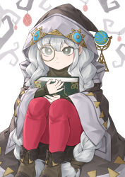  1girl absurdres asteria_of_the_white_woods book boots braid brown_footwear cloak diabellstar_the_black_witch duel_monster grey_eyes grey_hair hat highres holding holding_book hood hood_down hooded_cloak long_hair meshida_(lux-far-accelerator) monocle pantyhose red_pantyhose sitting solo twin_braids white_background witch witch_hat yu-gi-oh! 