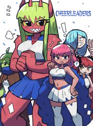  5girls absurdres bare_shoulders black_eyes blue_eyes blue_hair cheerleader colored_sclera colored_skin cowboy_shot dot_nose eyelashes female_focus fist_in_hand green_hair green_skin hair_over_one_eye highres hotns long_hair monster_girl multiple_girls muscular muscular_female navel oni original pale_skin pink_hair red_hair red_skin sharp_teeth shiny_skin short_hair sidelocks simple_background size_difference skirt sleeveless standing tan teeth thighhighs tony_welt twintails upper_teeth_only white_background white_skirt white_thighhighs yellow_sclera zettai_ryouiki  rating:General score:4 user:Bob_Toronja