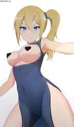  1girl absurdres asymmetrical_breasts bar_censor blue_dress blue_eyes blush breast_cutout breasts censored china_dress chinese_clothes cleft_of_venus covered_navel cowboy_shot dress hayasaka_ai heart_pasties highres kaguya-sama_wa_kokurasetai_~tensai-tachi_no_renai_zunousen~ large_breasts looking_at_viewer pasties roswell_ss see-through see-through_dress side_ponytail simple_background solo white_background 