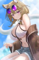 1girl animal_ear_fluff animal_ears arknights bare_shoulders bikini bikini_top_only blue_sky blurry blurry_background braided_sidelock breasts brown_hair brown_jacket cleavage closed_mouth cloud cloudy_sky commentary_request denim denim_shorts eyewear_on_head grey_shorts jacket large_breasts looking_at_viewer navel official_alternate_costume open_fly pink_eyes purple-tinted_eyewear round_eyewear shorts sky solo sora_mame_(princess_0sora) striped_bikini striped_clothes swimsuit thighs tinted_eyewear utage_(arknights) utage_(summer_flowers)_(arknights) white_bikini 
