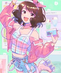  1girl :d arm_up bare_shoulders blue_bow blue_shorts blush bow breasts brown_eyes brown_hair collarbone dot_nose earphones floral_background flower gold_bracelet green_background hairband hand_up highres holding idolmaster idolmaster_cinderella_girls idolmaster_cinderella_girls_starlight_stage instagram jacket jewelry leg_up long_sleeves looking_at_viewer medium_breasts midriff multiple_bracelets nagatomi_hasumi nail_polish navel necklace off_shoulder open_clothes open_jacket open_mouth pink_nails plaid plaid_shirt red_bow red_jacket roller_skates shirt short_hair shorts skates sleeveless sleeveless_shirt smile solo standing standing_on_one_leg tokitanatsu two-tone_shirt waist_bow walkman white_flower white_hairband white_trim zipper zipper_pull_tab 