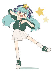  1girl blue_hair blush bow brown_eyes full_body hair_bow hair_ornament highres hoshikawa_lily jacket long_hair looking_at_viewer low_twintails nakkasu open_mouth pleated_skirt shoes skirt sneakers socks solo standing standing_on_one_leg star_(symbol) star_hair_ornament track_jacket twintails zombie_land_saga 