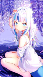  1girl arm_up asakuno_meron bare_legs barefoot between_legs blue_eyes blurry blurry_foreground closed_mouth fish_tail flower from_side gawr_gura hand_between_legs hand_on_own_head hololive hololive_english light_blush long_hair looking_at_viewer looking_to_the_side multicolored_hair off_shoulder oversized_clothes oversized_shirt petals ripples shallow_water shark_tail shirt short_sleeves sitting solo spaghetti_strap streaked_hair t-shirt tail virtual_youtuber wariza water white_hair white_shirt 