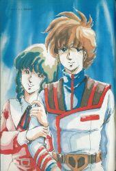  1980s_(style) 1boy 1girl belt black_hair choujikuu_yousai_macross commentary couple english_commentary grin happy highres holding_another&#039;s_arm ichijou_hikaru lynn_minmay macross mikimoto_haruhiko military_uniform mullet official_art oldschool production_art promotional_art retro_artstyle scan science_fiction smile traditional_media u.n._spacy uniform upper_body 