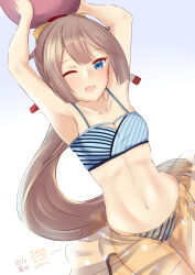  01021235 1girl absurdres arms_up ball bikini blue_eyes breasts hair_ribbon highres kantai_collection kazagumo_(kancolle) light_brown_hair multicolored_bikini multicolored_clothes official_alternate_costume one-hour_drawing_challenge one_eye_closed ponytail ribbon sarong see-through_sarong small_breasts solo striped_bikini striped_clothes swimsuit 