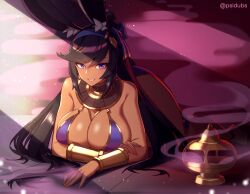 1girl animal_ear_fluff animal_ears arm_under_breasts bare_shoulders black_hair blue_bow blue_hairband bow breasts cleavage commentary commission dark-skinned_female dark_skin egyptian_clothes english_commentary gold_bracelet hair_bow hair_ornament hairband highres jewelry large_breasts light_rays long_hair looking_at_viewer original psidubs purple_eyes rabbit_ears sidelocks smile solo sunbeam sunlight swept_bangs twitter_username usekh_collar rating:Sensitive score:18 user:danbooru