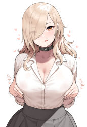 1girl black_choker black_skirt blonde_hair blush breasts breasts_squeezed_together choker cleavage closed_mouth covered_erect_nipples earrings eyes_visible_through_hair gyaru hair_over_one_eye heart heart_choker highres jewelry large_breasts licking_lips long_hair looking_at_viewer nino_(sunaba_suzume) no_bra one_eye_covered orange_eyes original pleated_skirt see-through shirt skirt smile solo standing sunaba_suzume tongue tongue_out white_shirt rating:Questionable score:83 user:danbooru