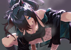  1boy 1girl animal_ears asymmetrical_legwear black_hair breasts cleavage commentary_request cowgirl_position earrings fishnet_thighhighs fishnets green_eyes hair_over_one_eye highres jewelry large_breasts missile_(55missile) multicolored_eyes multiple_earrings puzzle_&amp;_dragons roche_(p&amp;d) sex solo_focus squatting_cowgirl_position straddling tagme thighhighs 